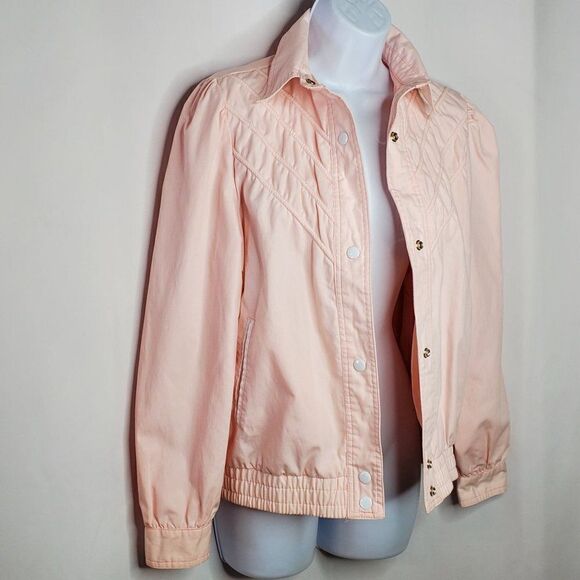 Vintage 80s Baby Pink Jacket Cotton Blend Sz S Snap Closure Gathered Shoulders - Picture 3 of 11